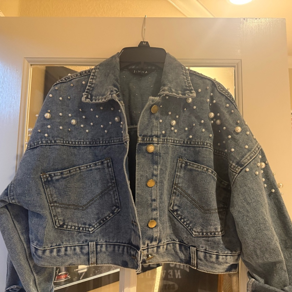 J. Nina Blue Pearl-Accent Denim Jacket - Women's